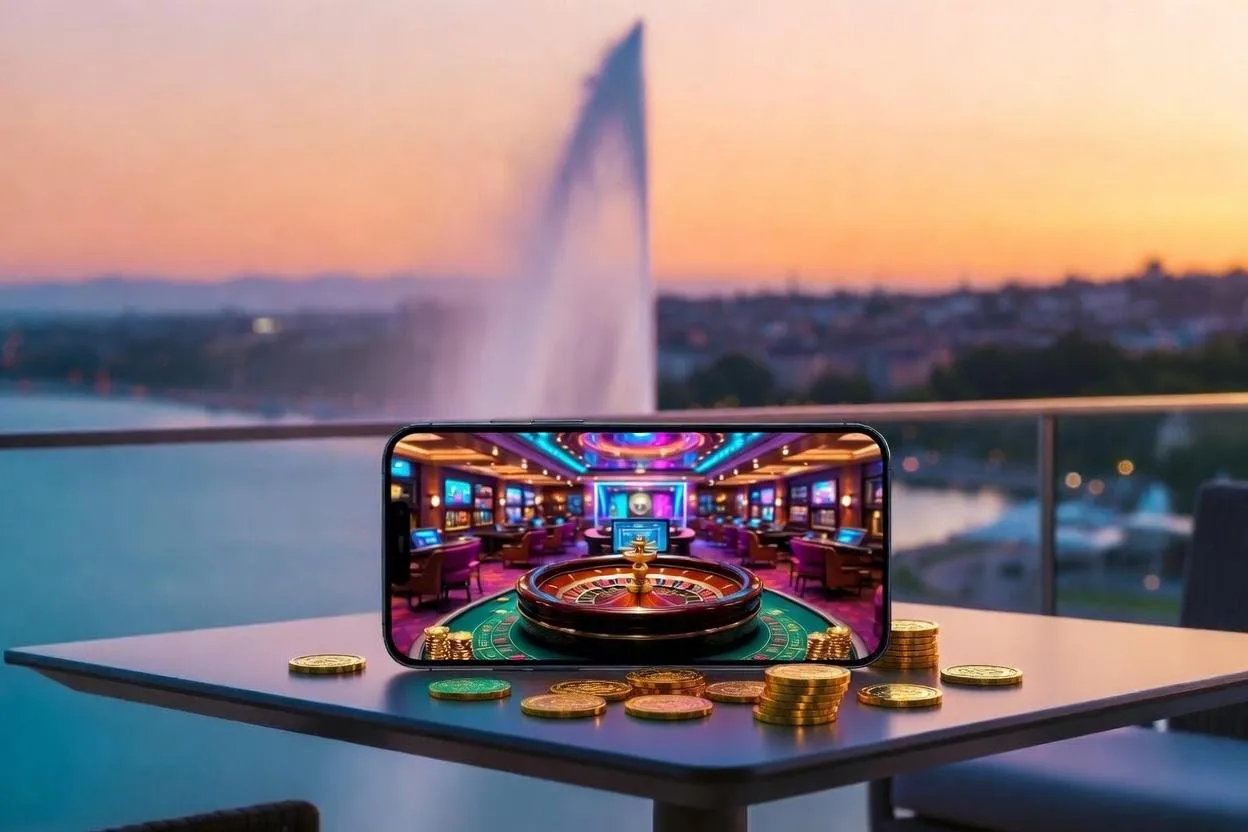 Balcon de luxe avec vue sur le lac Leman et le jet deau avec smartphone et jetons dores