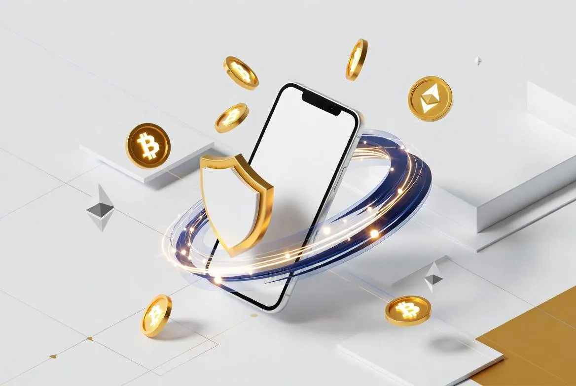 Illustration 3D dun smartphone flottant avec pieces dor symboles de crypto monnaie et bouclier de securite bleu et or